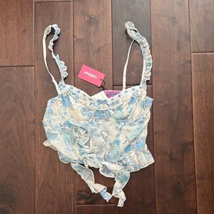 Edikted Blue Floral Ruffle Top